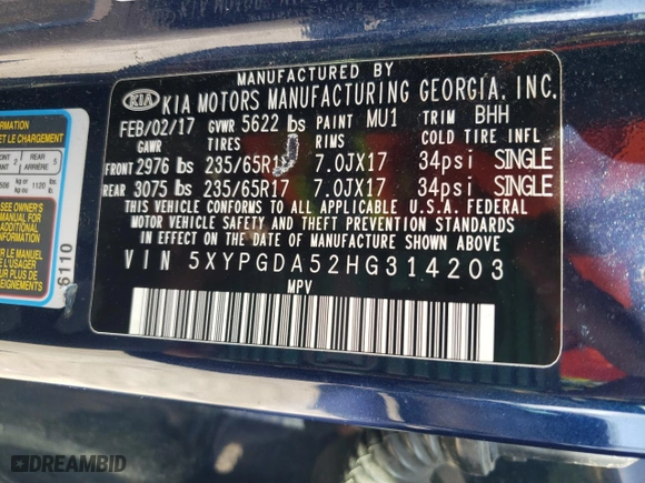 2017 Kia Sorento LX V6 with VIN 5XYPGDA52HG314203, listed as a Copart auction lot 47565795 with 109,505 mi miles and Salvage Title. Bid and sale history available at carsss.com. Image 13.