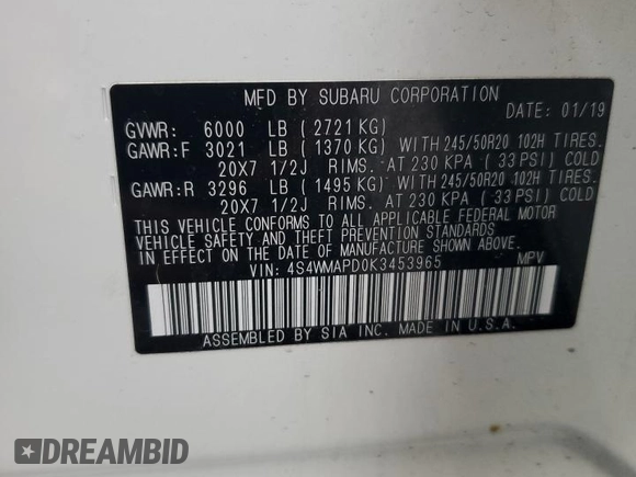 2019 Subaru Ascent Limited с VIN 4S4WMAPD0K3453965, выставлен на аукционе Copart как лот 51654945 с пробегом 123 298 миль миль и Списание • Salvage title. История ставок и продаж доступна на DreamBid. Изображение 15.