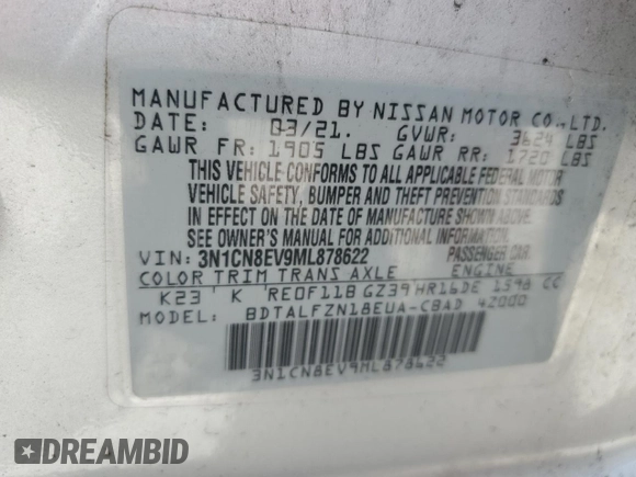 2021 Nissan Versa SV with VIN 3N1CN8EV9ML878622, listed as a Copart auction lot 62335025 with 88,278 mi miles and Non repairable. Bid and sale history available at DreamBid. Image 12.