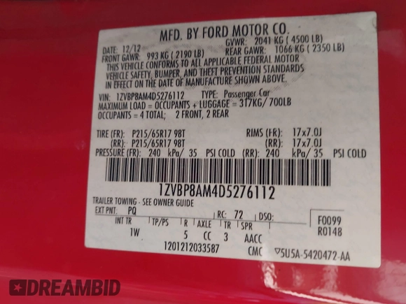 2013 Ford Mustang V6 с VIN 1ZVBP8AM4D5276112, выставлен на аукционе IAAI как лот 42543725 с пробегом Не указан миль и . История ставок и продаж доступна на DreamBid. Изображение 9.