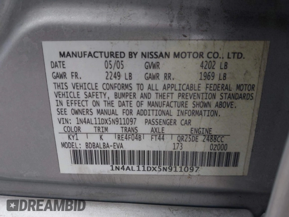 2005 Nissan Altima 2.5 S with VIN 1N4AL11DX5N911097, listed as a IAAI auction lot 41798591 with 201,865 mi miles. Bid and sale history available at carsss.com. Image 9.