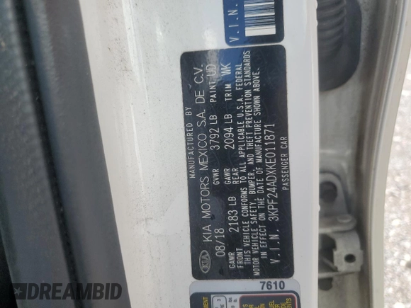 2019 Kia Forte LXS with VIN 3KPF24ADXKE011871, listed as a Copart auction lot 57485555 with 99,817 mi miles and Salvage title. Bid and sale history available at DreamBid. Image 13.