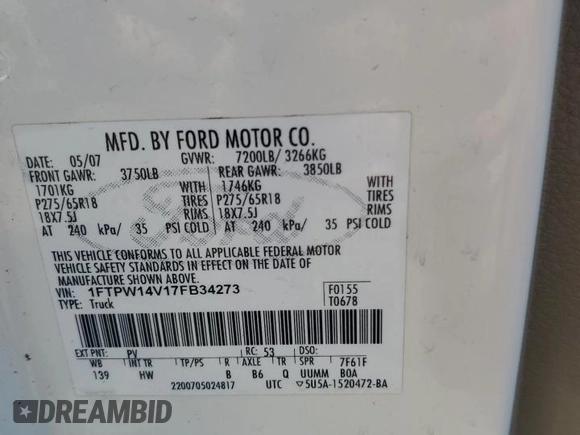 2007 Ford F-150 XLT with VIN 1FTPW14V17FB34273, listed as a Copart auction lot 61434555 with 253,489 mi miles and Clean title. Bid and sale history available at DreamBid. Image 12.
