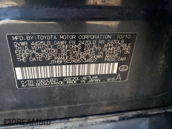 2011 Lexus IS 250 with VIN JTHBF5C2XB5134827, listed as a Copart auction lot 52330515 with 242,415 mi miles and Salvage Title. Bid and sale history available at DreamBid. Image 13.