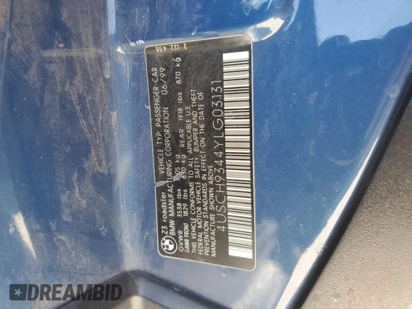 2000 BMW Z3 2.5 z VIN 4USCH9344YLG03131, wystawiony jako Copart lot #57915345 z przebiegiem 95 768 mil mil oraz Szkoda całkowita • Salvage title. Historia ofert i sprzedaży dostępna na DreamBid. Obrazek 12.
