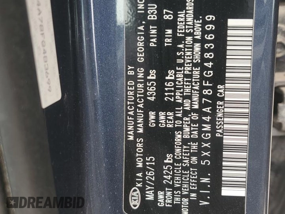 2015 Kia Optima LX with VIN 5XXGM4A78FG483699, listed as a Copart auction lot 50374375 with 110,619 mi miles and Salvage Title. Bid and sale history available at DreamBid. Image 12.