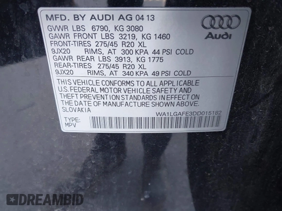 2013 Audi Q7 3.0T Premium Plus with VIN WA1LGAFE3DD015182, listed as a IAAI auction lot 42047442 with 113,003 mi miles. Bid and sale history available at carsss.com. Image 9.