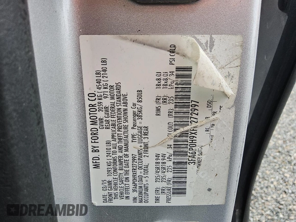 2015 Ford Fusion SE with VIN 3FA6P0H9XFR272997, listed as a Copart auction lot 54242835 with 100,529 mi miles and Clean Title. Bid and sale history available at DreamBid. Image 12.