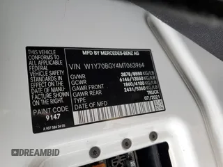 2021 Mercedes-Benz Sprinter Cargo with VIN W1Y70BGY4MT063964, listed as a Copart auction lot 46376145 with Not Provided miles and Salvage Title. Bid and sale history available at carsss.com. Image 13.