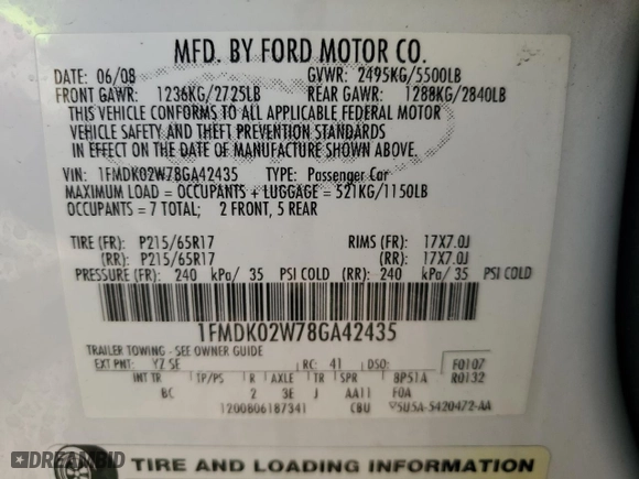 2008 Ford Taurus X SEL with VIN 1FMDK02W78GA42435, listed as a Copart auction lot 80777714 with 191,062 mi miles and Non Repairable. Bid and sale history available at carsss.com. Image 13.
