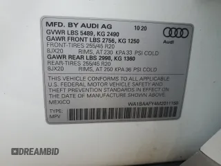 2021 Audi Q5 Premium Plus with VIN WA1BAAFY4M2011158, listed as a Copart auction lot 72142954 with 17,613 mi miles and Salvage Title. Bid and sale history available at carsss.com. Image 13.