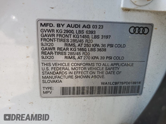 2023 Audi Q7 Premium Plus z VIN WA1LCBF75PD018916, wystawiony jako Copart lot #60124915 z przebiegiem 23 301 mil mil oraz Szkoda całkowita • Salvage title. Historia ofert i sprzedaży dostępna na DreamBid. Obrazek 13.