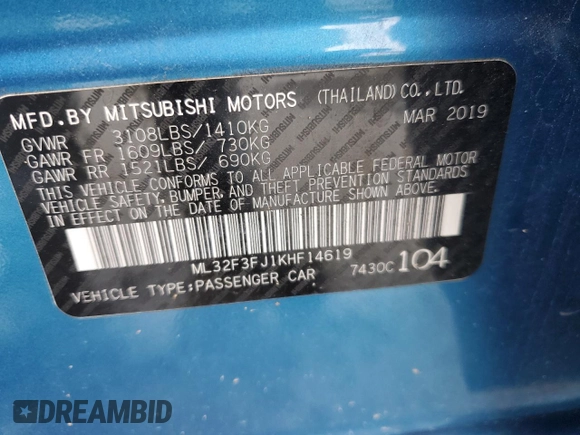 2019 Mitsubishi Mirage ES с VIN ML32F3FJ1KHF14619, выставлен на аукционе Copart как лот 58994695 с пробегом 47 429 миль миль и Списание • Salvage title. История ставок и продаж доступна на DreamBid. Изображение 12.