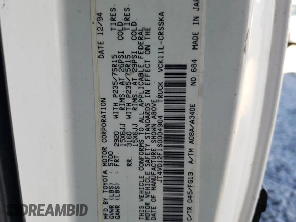 1995 Toyota T100 SR5 with VIN JT4VD12F1S0004904, listed as a Copart auction lot 75796804 with 182,011 mi miles and Salvage Title. Bid and sale history available at DreamBid. Image 13.