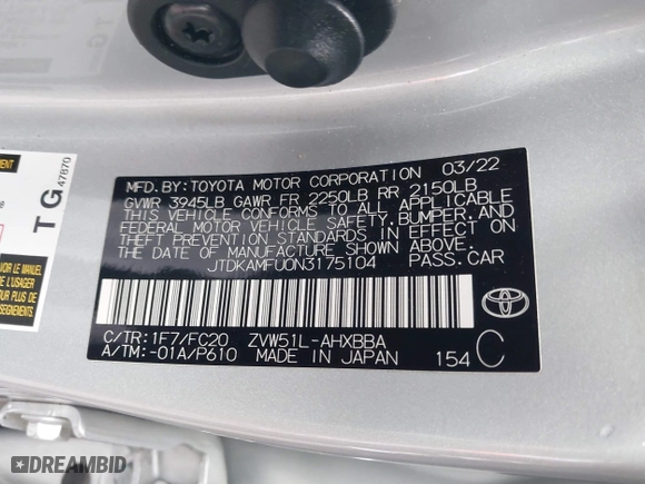 2022 Toyota Prius L Eco with VIN JTDKAMFU0N3175104, listed as a IAAI auction lot 40873671 with 1 mi miles. Bid and sale history available at carsss.com. Image 9.