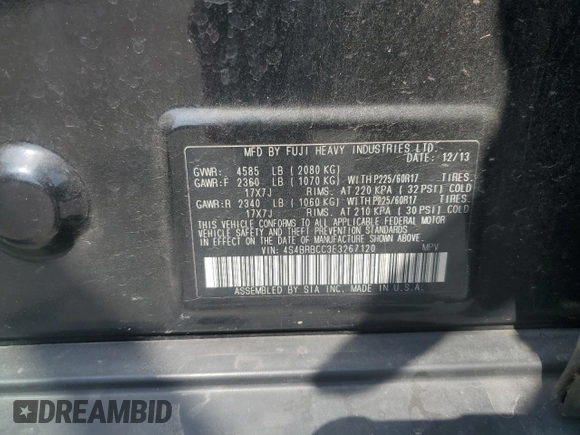 2014 Subaru Outback 2.5i Premium with VIN 4S4BRBCC3E3267120, listed as a Copart auction lot 60874254 with 144,804 mi miles and Salvage Title. Bid and sale history available at carsss.com. Image 15.