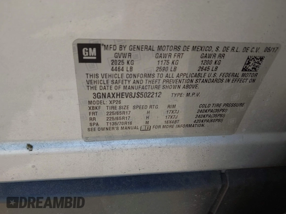 2018 Chevrolet Equinox LS with VIN 3GNAXHEV8JS502212, listed as a IAAI auction lot 42064863 with 107,321 mi miles and . Bid and sale history available at DreamBid. Image 9.