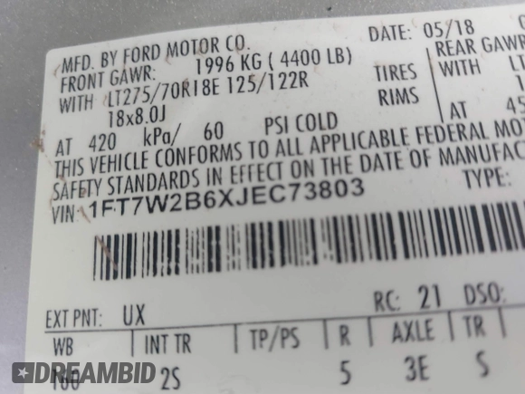 2018 Ford Super Duty F-250 SRW XL with VIN 1FT7W2B6XJEC73803, listed as a IAAI auction lot 41367437 with 77,480 mi miles. Bid and sale history available at carsss.com. Image 9.