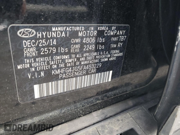 2015 Hyundai Azera with VIN KMHFG4JG5FA453229, listed as a Copart auction lot 51498275 with Not provided miles and Salvage title. Bid and sale history available at DreamBid. Image 12.