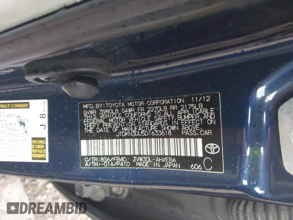 2013 Toyota Prius One with VIN JTDKN3DU5D1633618, listed as a IAAI auction lot 42125827 with 300,000 mi miles. Bid and sale history available at carsss.com. Image 9.