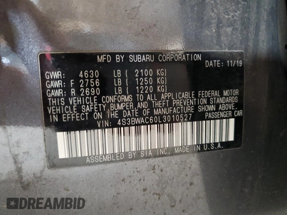 2020 Subaru Legacy Premium with VIN 4S3BWAC60L3010527, listed as a Copart auction lot 63814955 with 53,121 mi miles and Salvage title. Bid and sale history available at DreamBid. Image 13.
