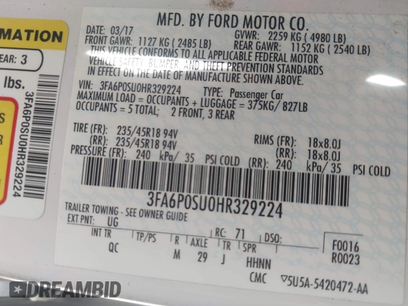 2017 Ford Fusion Titanium z VIN 3FA6P0SU0HR329224, wystawiony jako IAAI lot #42291605 z przebiegiem 176 728 mil mil oraz . Historia ofert i sprzedaży dostępna na DreamBid. Obrazek 9.