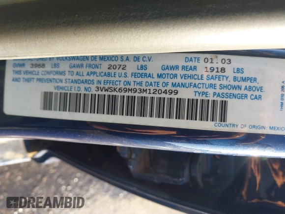 2003 Volkswagen Jetta GLS с VIN 3VWSK69M93M120499, выставлен на аукционе IAAI как лот 41493310 с пробегом 189 532 миль миль и . История ставок и продаж доступна на DreamBid. Изображение 9.