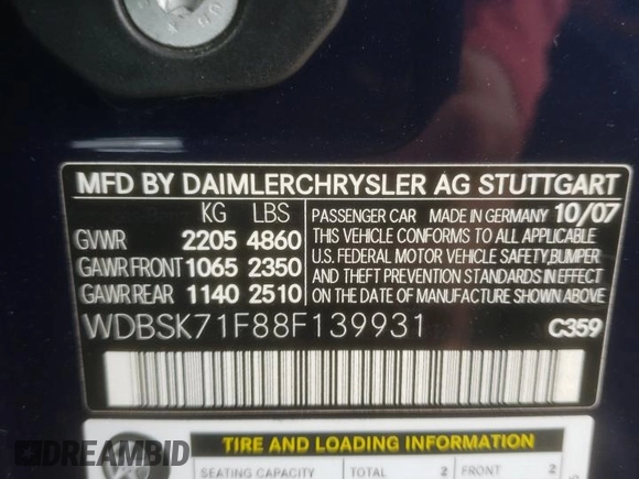 2008 Mercedes-Benz SL 550 with VIN WDBSK71F88F139931, listed as a Copart auction lot 67312014 with 117,877 mi miles and Salvage title. Bid and sale history available at DreamBid. Image 13.