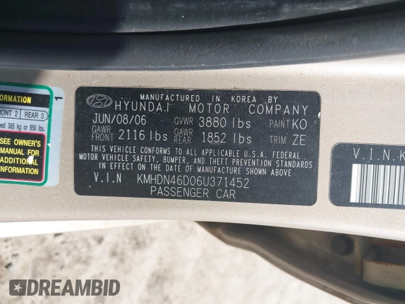 2006 Hyundai Elantra GLS с VIN KMHDN46D06U371452, выставлен на аукционе IAAI как лот 42717517 с пробегом 124 831 миль миль и . История ставок и продаж доступна на DreamBid. Изображение 9.