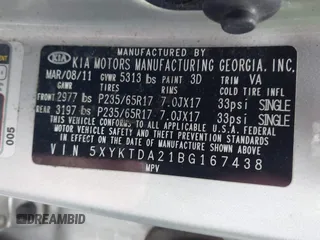 2011 Kia Sorento LX with VIN 5XYKTDA21BG167438, listed as a IAAI auction lot 41965712 with 201,055 mi miles. Bid and sale history available at carsss.com. Image 9.