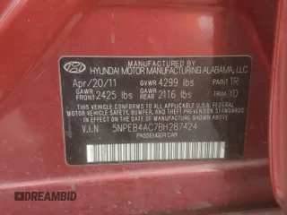 2011 Hyundai Sonata GLS with VIN 5NPEB4AC7BH287424, listed as a Copart auction lot 64012914 with 97,520 mi miles and Salvage Title. Bid and sale history available at DreamBid. Image 12.