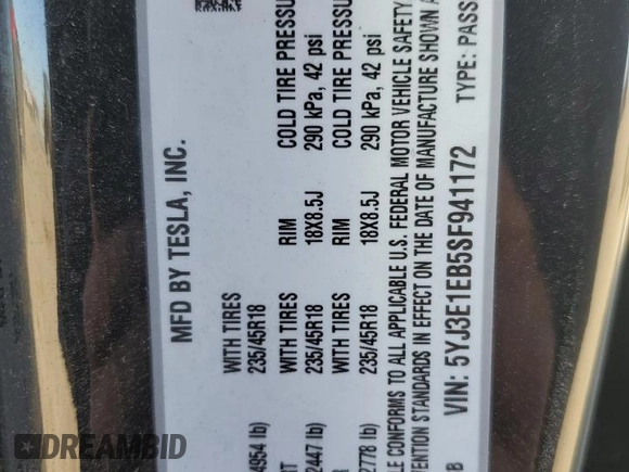 2025 Tesla Model 3 Long Range с VIN 5YJ3E1EB5SF941172, выставлен на аукционе Copart как лот 58968915 с пробегом 2 591 миль миль и Списание • Salvage title. История ставок и продаж доступна на DreamBid. Изображение 12.