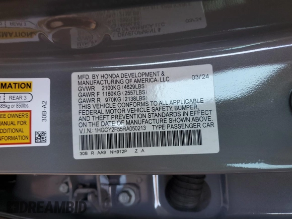 2024 Honda Accord Sport с VIN 1HGCY2F55RA050213, выставлен на аукционе Copart как лот 54633855 с пробегом 17 341 миль миль и Списание • Salvage title. История ставок и продаж доступна на DreamBid. Изображение 12.