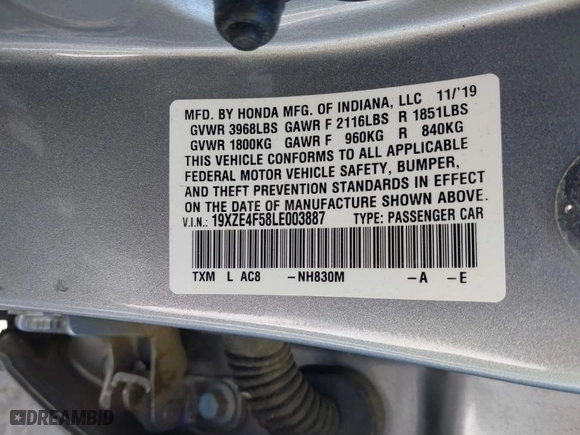 2020 Honda Insight EX with VIN 19XZE4F58LE003887, listed as a IAAI auction lot 41259053 with 134,619 mi miles. Bid and sale history available at carsss.com. Image 9.