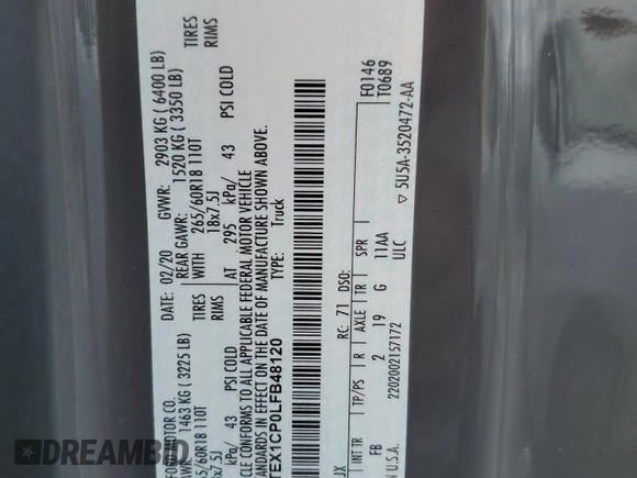 2020 Ford F-150 XL с VIN 1FTEX1CP0LFB48120, выставлен на аукционе Copart как лот 53702825 с пробегом 50 765 миль миль и Списание • Salvage title. История ставок и продаж доступна на DreamBid. Изображение 12.