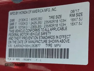 2017 Honda CR-V Touring with VIN 5J6RW2H95HL063877, listed as a IAAI auction lot 41982213 with 47,265 mi miles. Bid and sale history available at carsss.com. Image 9.