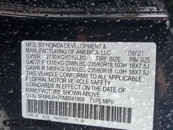 2022 Honda Odyssey EX-L с VIN 5FNRL6H70NB041868, выставлен на аукционе Copart как лот 73312794 с пробегом 55 215 миль миль и Списание • Salvage title. История ставок и продаж доступна на DreamBid. Изображение 13.