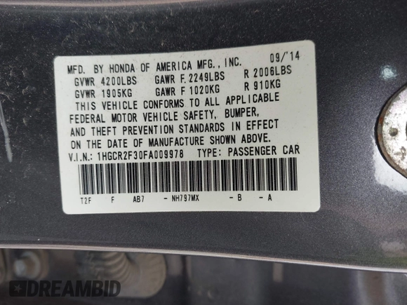 2015 Honda Accord LX with VIN 1HGCR2F30FA009978, listed as a IAAI auction lot 41837401 with 144,833 mi miles and . Bid and sale history available at DreamBid. Image 9.