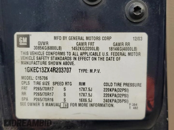 2004 GMC Yukon SLT z VIN 1GKEC13ZX4R203707, wystawiony jako Copart lot #56866075 z przebiegiem Nie podano mil oraz Szkoda całkowita • Salvage title. Historia ofert i sprzedaży dostępna na DreamBid. Obrazek 13.