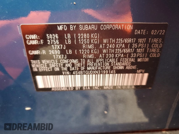 2022 Subaru Outback Wilderness with VIN 4S4BTGUDXN3199145, listed as a Copart auction lot 49834305 with 20,261 mi miles and Salvage title. Bid and sale history available at DreamBid. Image 15.