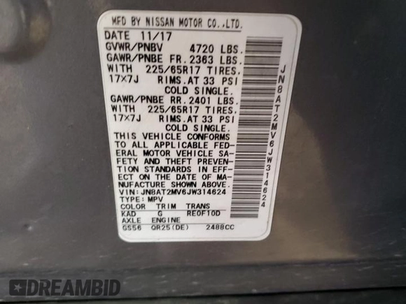 2018 Nissan Rogue SV z VIN JN8AT2MV6JW314624, wystawiony jako Copart lot #52546785 z przebiegiem 233 834 mil mil oraz Szkoda całkowita • Salvage title. Historia ofert i sprzedaży dostępna na DreamBid. Obrazek 13.
