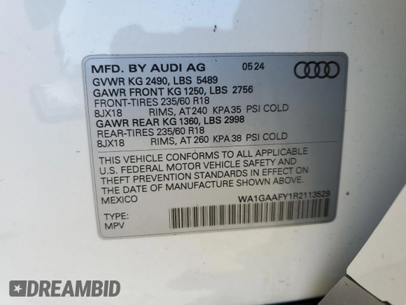 2024 Audi Q5 S line Premium z VIN WA1GAAFY1R2113529, wystawiony jako Copart lot #51914235 z przebiegiem Nie podano mil oraz Szkoda całkowita • Salvage title. Historia ofert i sprzedaży dostępna na DreamBid. Obrazek 13.