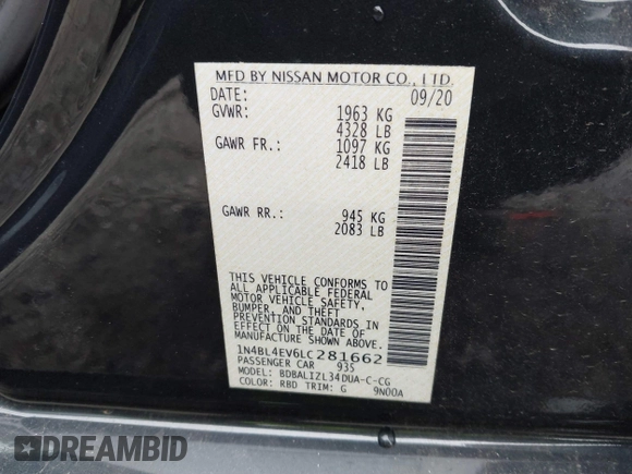 2020 Nissan Altima 2.5 SL with VIN 1N4BL4EV6LC281662, listed as a IAAI auction lot 41618356 with 55,460 mi miles. Bid and sale history available at carsss.com. Image 9.