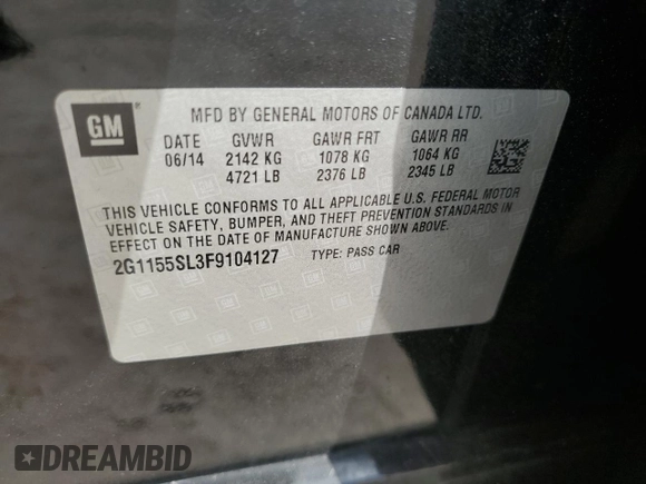 2015 Chevrolet Impala LTZ with VIN 2G1155SL3F9104127, listed as a Copart auction lot 47153325 with 117,590 mi miles and Salvage Title. Bid and sale history available at DreamBid. Image 14.