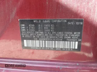 2019 Subaru Impreza Premium with VIN 4S3GKAC65K3610248, listed as a IAAI auction lot 41674314 with 84,166 mi miles and . Bid and sale history available at DreamBid. Image 9.