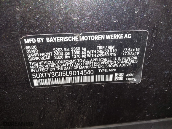 2020 BMW X3 sDrive30i with VIN 5UXTY3C05L9D14540, listed as a IAAI auction lot 41513178 with 58,229 mi miles. Bid and sale history available at carsss.com. Image 9.