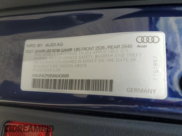 2021 Audi A5 Sportback S line Premium Plus with VIN WAUFACF58MA043669, listed as a Copart auction lot 47043744 with 37,135 mi miles and . Bid and sale history available at DreamBid. Image 13.