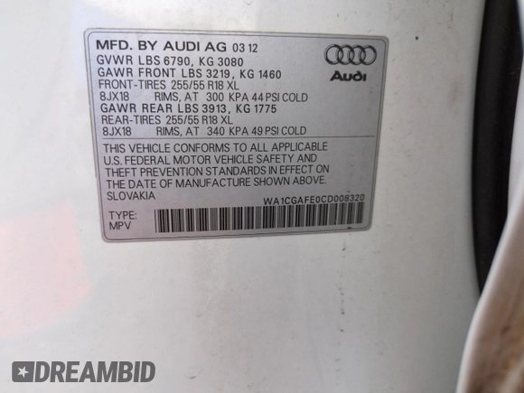 2012 Audi Q7 3.0T Premium with VIN WA1CGAFE0CD008320, listed as a Copart auction lot 84772734 with 126,206 mi miles and Clean Title. Bid and sale history available at carsss.com. Image 12.