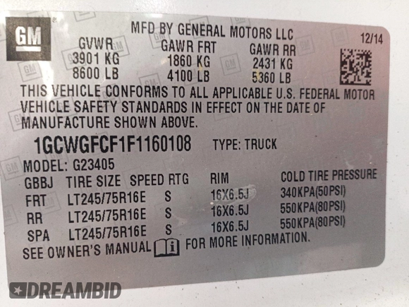 2015 Chevrolet Express Cargo with VIN 1GCWGFCF1F1160108, listed as a IAAI auction lot 42727390 with 123,035 mi miles and . Bid and sale history available at DreamBid. Image 17.