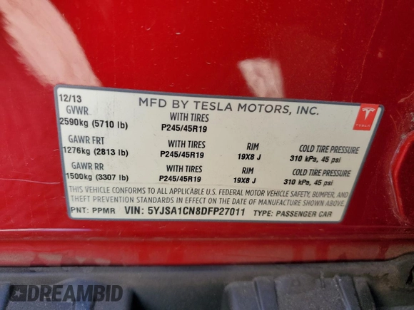 2013 Tesla Model S with VIN 5YJSA1CN8DFP27011, listed as a Copart auction lot 46340435 with Not Provided miles and Salvage Title. Bid and sale history available at DreamBid. Image 13.